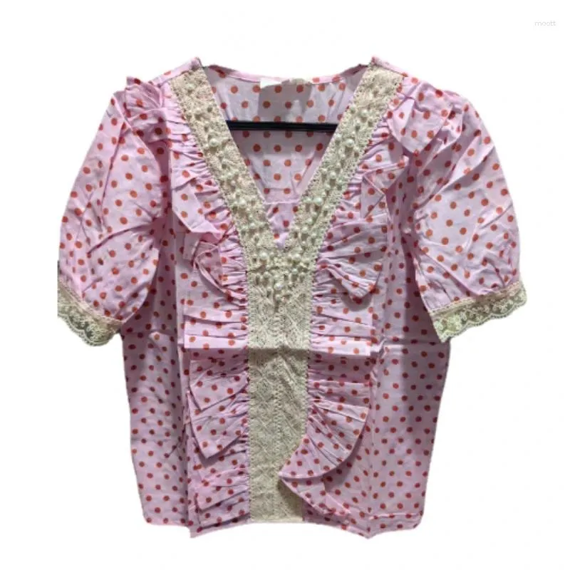 Women's Blouses 2024 Spring Summer Polka Dot Shirt For Women Fashion Beaded Lace Stitching V Neck Pink Blouse Short Puff Sleeve Top Blusas