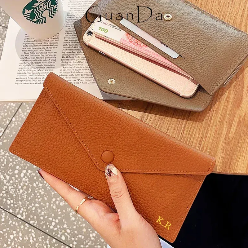 Holders Custom Initials Slim Long Wallet Genuine Leather Envelope Thin Fashion Woman Card Holder Luxury Design Business Lady Coin Purse