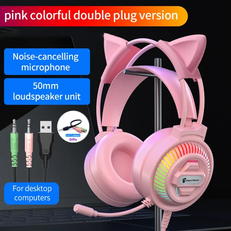 الماسحات الضوئية الجديدة المحترفة LED Cat Ear Wired Gamer Headphones مع MIC لـ PS4 PS5 Xbox Computer PC MAMING HEARSET مع التحكم في مستوى الصوت