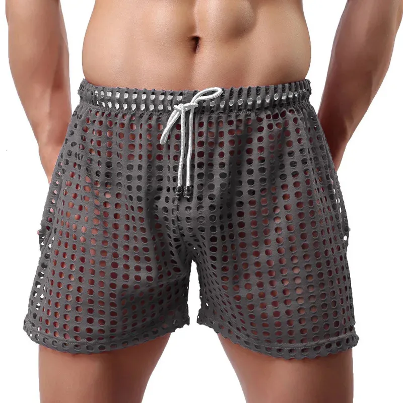 Masculino sexy grande malha hollow out boxer shorts homens lazer doméstico transparente redes 240410
