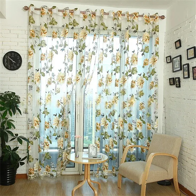 1pc Cortinas de tul de peonía para la puerta de la cocina Sala de estar dormitorio Jacquard Sheer Voile Hilo Cortina Sheer Sheer 240416