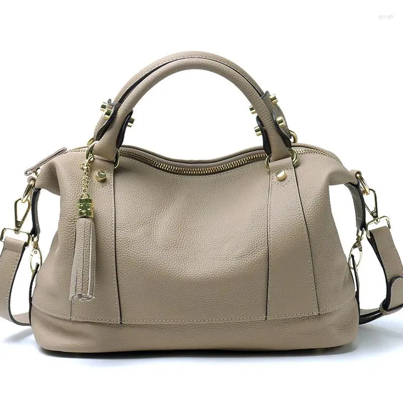 Drawstring Luxury Boston Handväskor för kvinnor 2024 Trend Ladies Shoulder Crossbody Bag Bolso Mujer Sac Femme äkta läderhandväskor