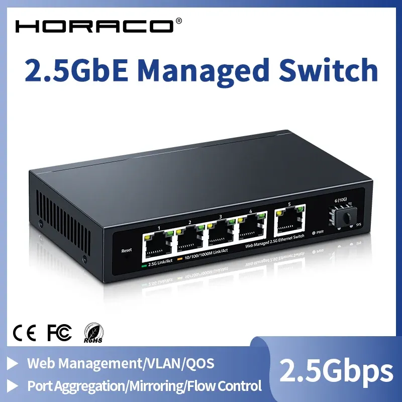 Commutateurs Horaco 2.5GBE Switchage géré 5 port 2500 Mbps Réseau 10g SFP + Slot UpLink Web Link Géré Aggrégation Hub Internet Splitter