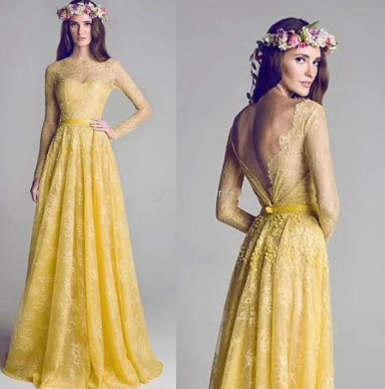 New Illusion Neckline Backless Yellow Lace ALine Long sleeve Prom Dress Evening Gowns Bridesmaid Party Dresses Celebrity Dress Gr2300845