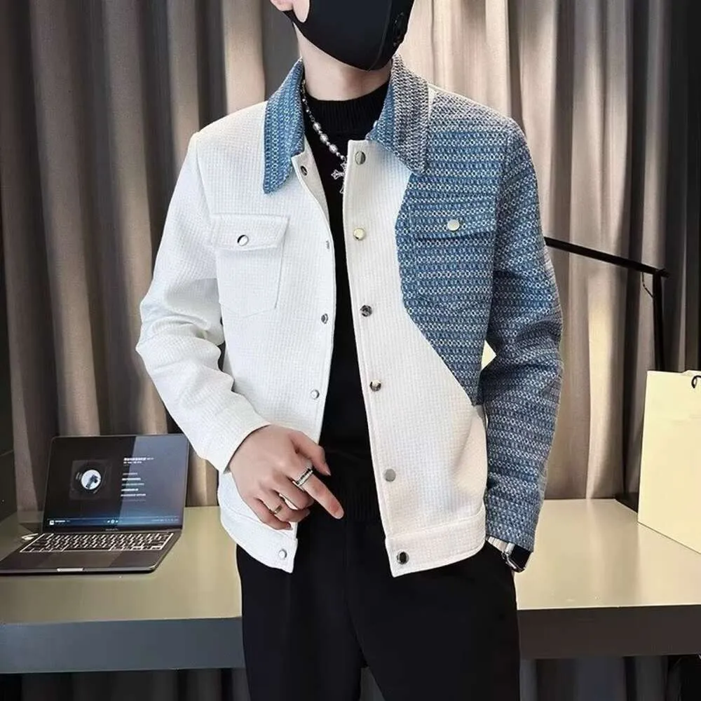 Denim Patchwork Jacket, Men's Trendy Brand, High-End Spring och Autumn New Casual Jacket, Men's Lapel Autumn Outfit, Light Mogen Style Top