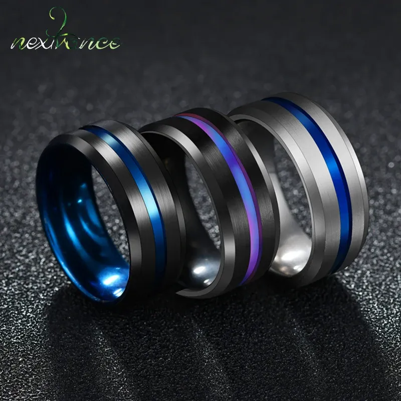 Bands Nextvance Trendy 8MM Stainless Steel Black Blue Groove Ring For Men Wedding Bands Rainbow Rings Male Jewelry Drop shipping