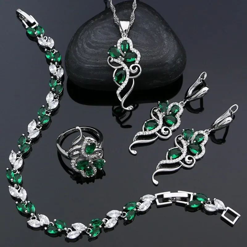 Strands Green Stones 925 Sterling Silver Bridal Jewelry Sets For Women Earrings Pendant Ring Bracelet Necklace Kit