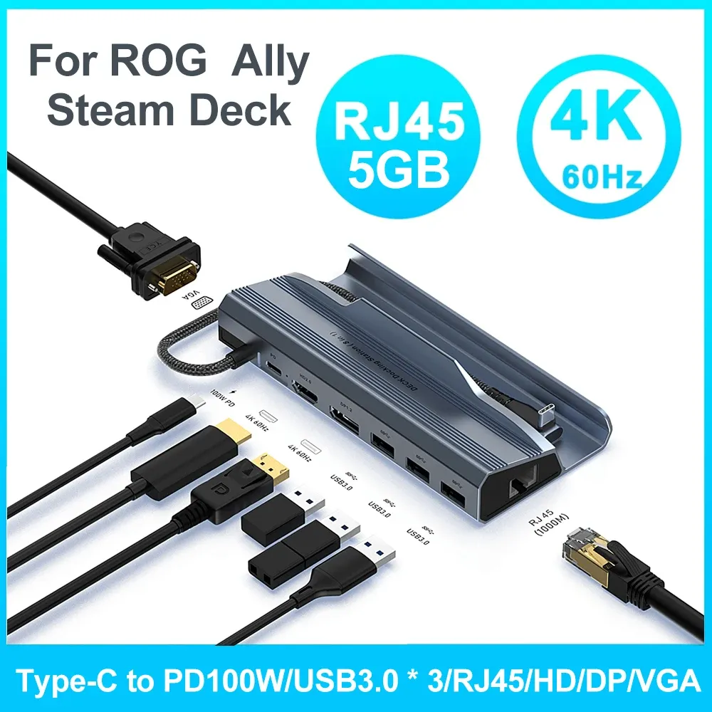 Stationer Typ C Docking Station HDMicompatible Hub RJ45 PD3.0 4K 60Hz Typ C USB3.0 Expansion Dock for Rog Ally/Steam Deck Game Console