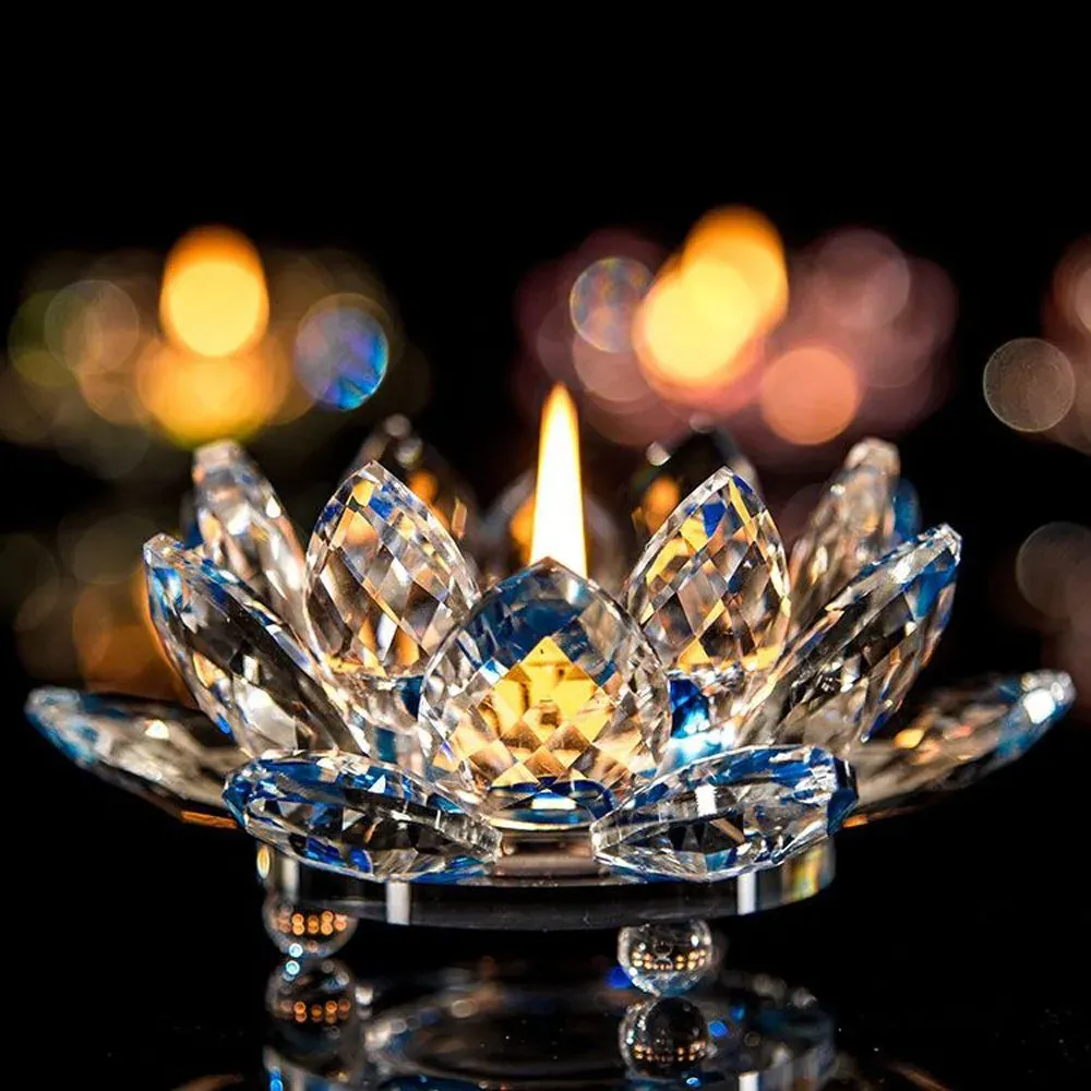 Ljus 4 färger Crystal Glasslotus Flower Candle Tea Light Holder Buddhist Candlestick