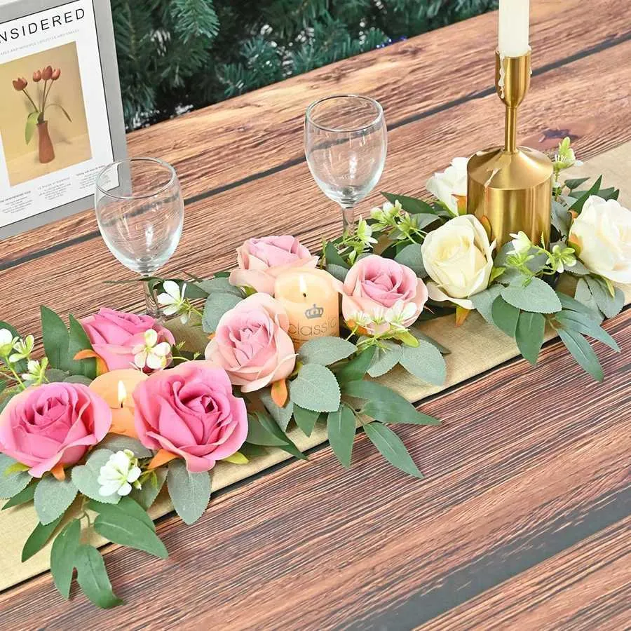 Faux Floral Greenery Candlestick Garland Artificial Rose Candle Holder Dekoracja mini róża sztuczna kwiat walentynki dekoracja domu 3 sztuki T240422