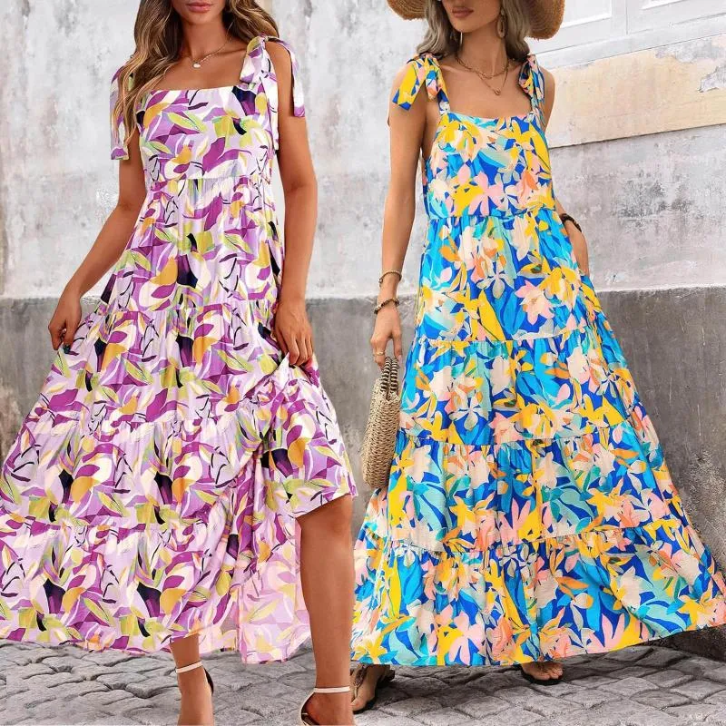 Robes décontractées Party Womensummer Floral sans manches maxi robe spaghetti sangle plage fluide longtemps pour les invités de mariage