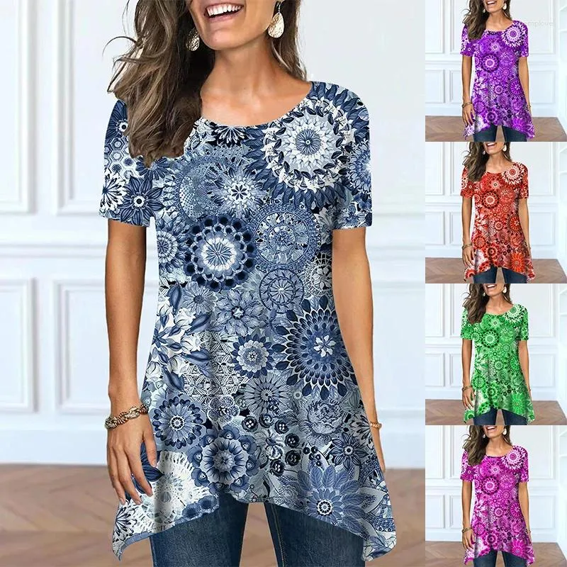 Kvinnors T-skjortor Kort ärm T-shirt Top Wear Summer Casual Round Neck Fashion Design Printing Plus Size Split Hem
