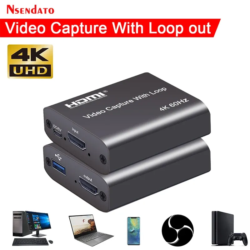 Lente 4K 60Hz USB HDMI Capture Card Card Loop 1080p 60Hz Recording Plate Caixa de transmissão ao vivo USB2.0 Grabber para PS3 PS4 Câmera