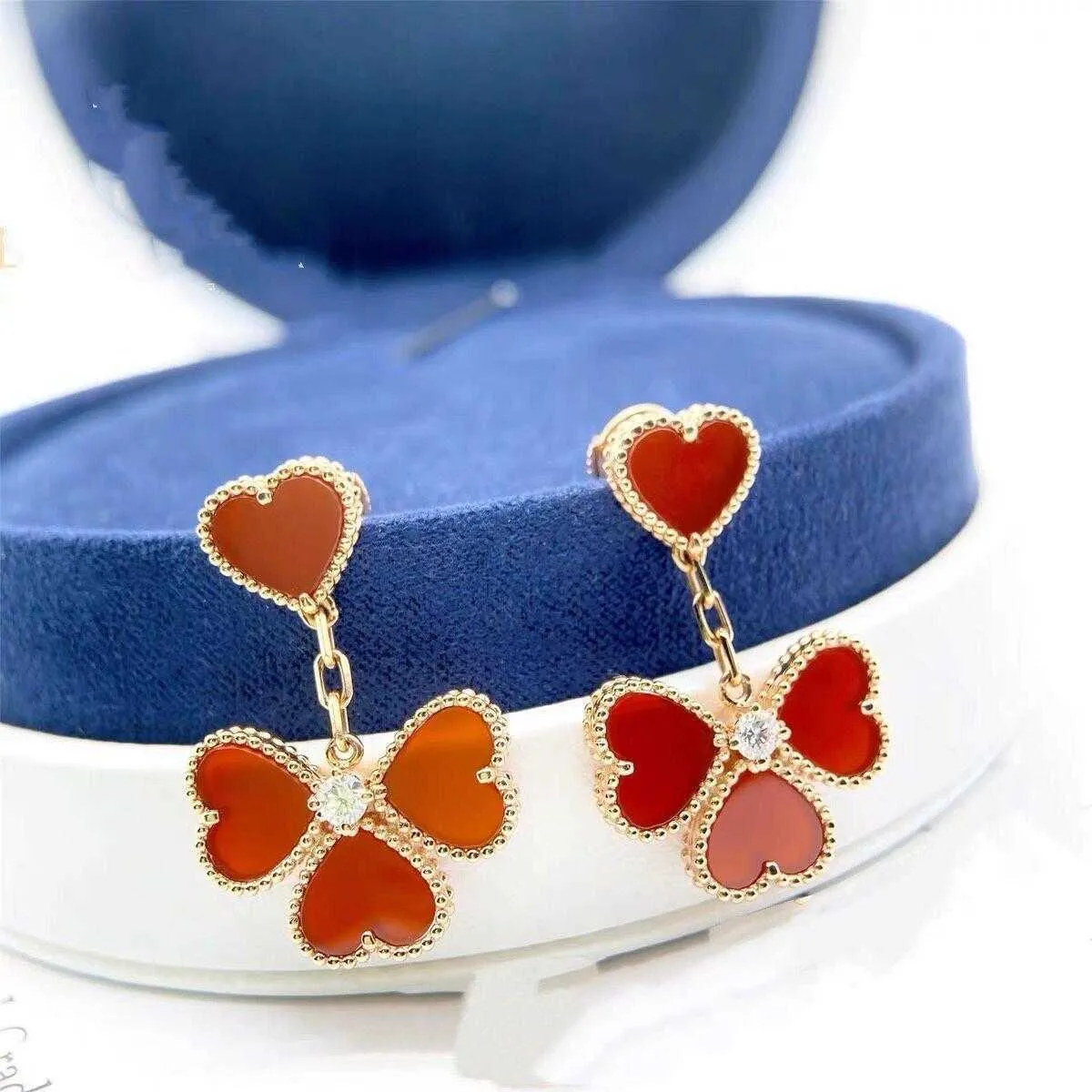 Designer charm Van Heart shaped Earrings 925 Pure Silver Plated 18K Gold Four Red Jade Marrow Peach Love Tassel jewelry