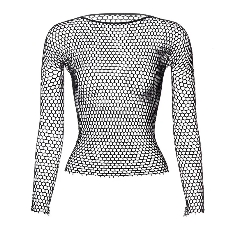 Vrouwen visnet mesh tops 6 kleuren sexy zie door t -shirt mager goth Hollow out lange mouw shirts crop top shirt streetwear 240417