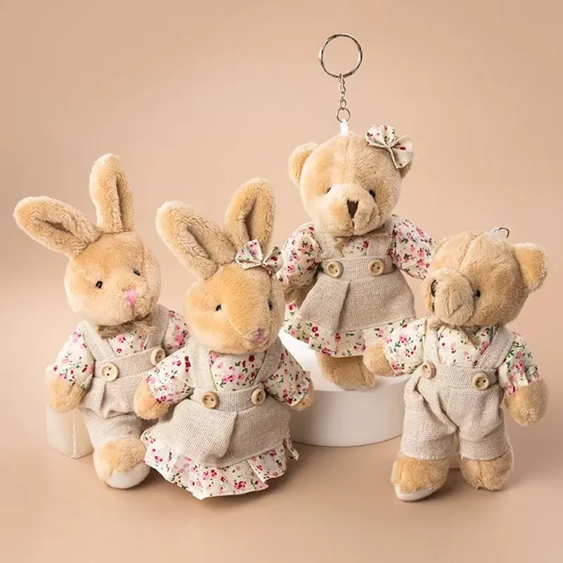 Chains 20PCS Cute Girls Country Style Linen Rabbit Doll Keychain Women Teddy Bear Key Ring On Bag Car Wedding Party Toys Couple Gift