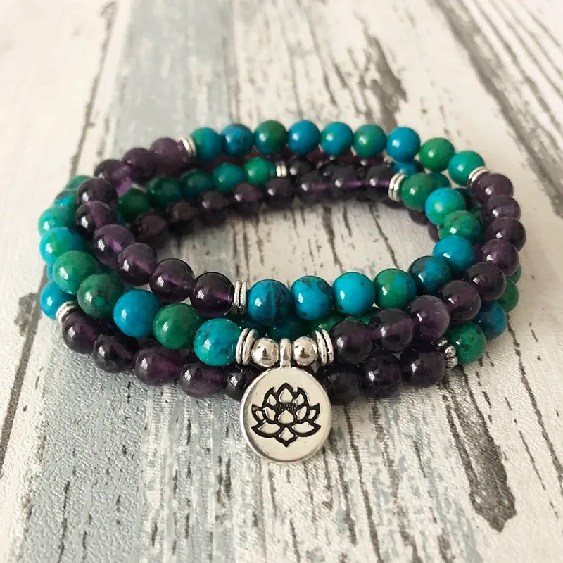 STRANDS 108 Gebedschalen Mala ketting of armband lotus boeddhistische charme mala sieraden amethists chrysocolla kralen armband vrouwen