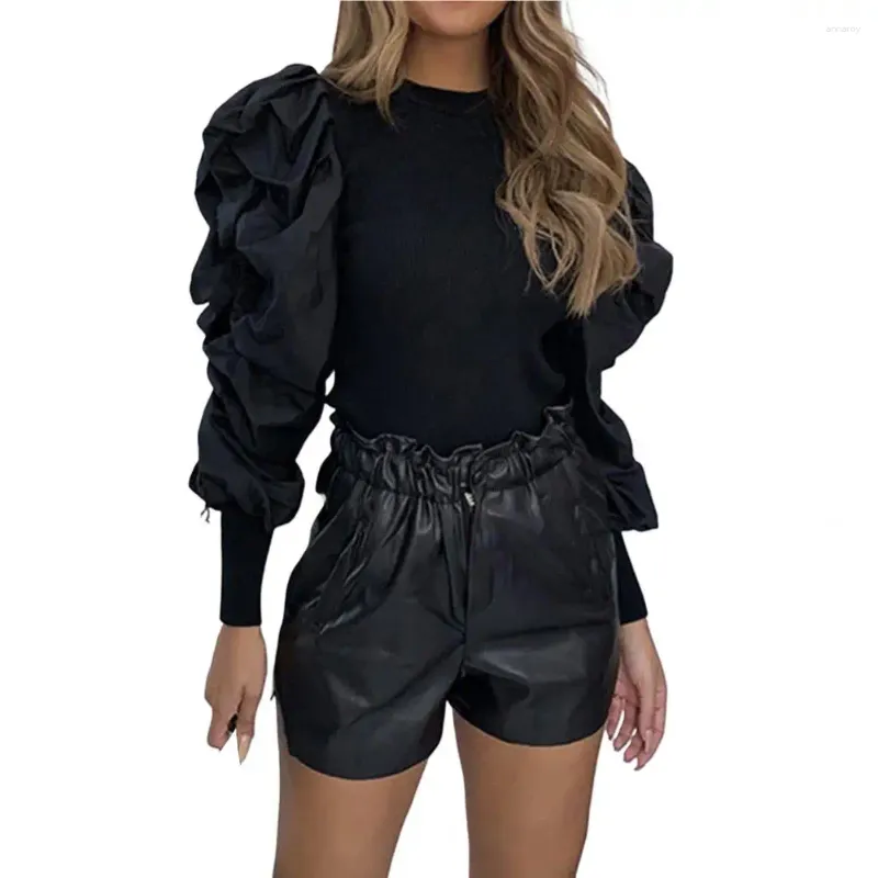 Women's Blouses Spring Women Top Big Bubble Sleeves Pleated Round Neck Warm Elastic Cuff Pullover Lady Prom Garment