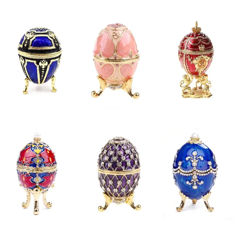Display Fabergeegg Luxury Series Handmålade smycken Trinket Box Unik gåva för påskheminredning Samlingsbar