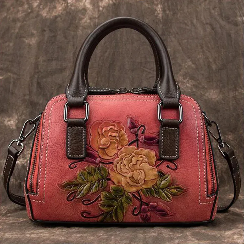 Eimer hochwertige Frauen Messenger -Taschen Retro chinesische Stil weiblicher floraler echt geprägter Leder -Schulter -Crossbody -Tasche.