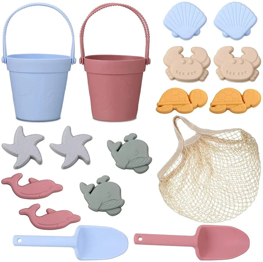 Silicone Beach Toys Set Kids Travel Friendly Beach Silicone Bucket Shovel Sand Molds Beach Bag Silicone Sand Toys for Toddlers 240418