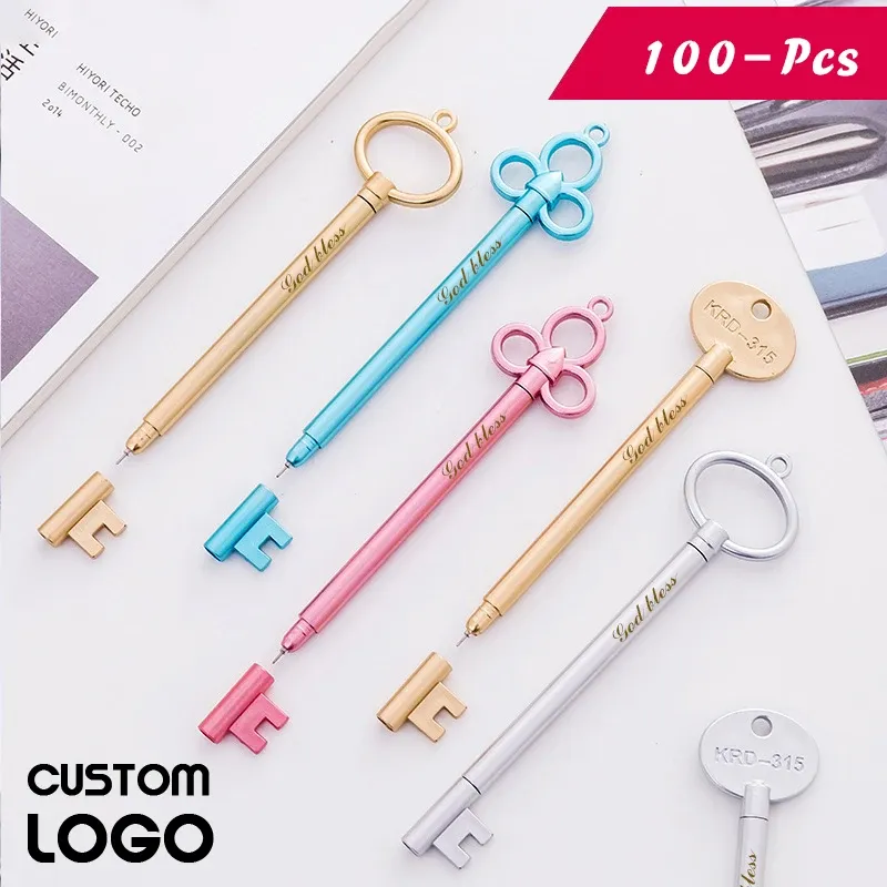 Pens 100pcs Custom LOGO Signature Pen Creative Retro Key Styling Gel Pen School Supplies Stationery Cute Gift Pens Laser Lettering