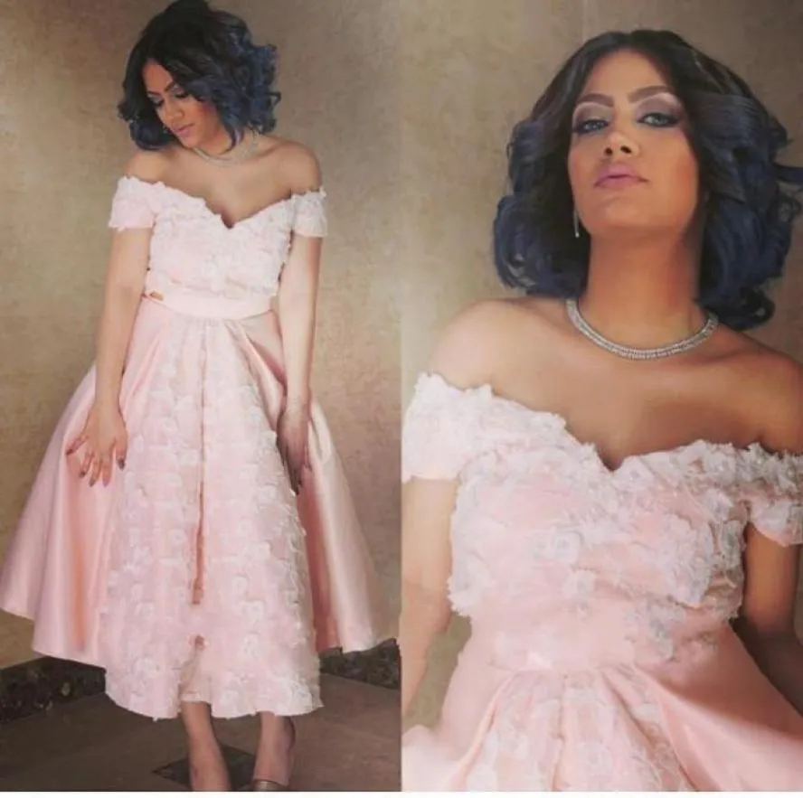 Pink Tea Length Cocktail Dresses 2018 Arabic Off Shoulder Formal Celebrity Clow a Line Applicants korta moderklänningar plus storlek PR3642621