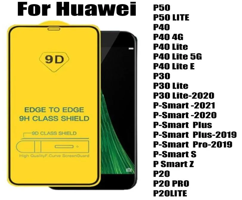 9D Protetor de tela de vidro temperado com tampa total para Huawei P50 P40 Lite E 5G P30 P30LITE P20 P PSMART SMART PLUS 2021 2020 20192353061