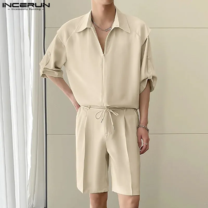 Incerun 2023 Koreaanse stijl Men Solid Simple Sets Shirts Shirts Shirts Shorts Fashion Street Verkoop Twopeage S5XL 240411