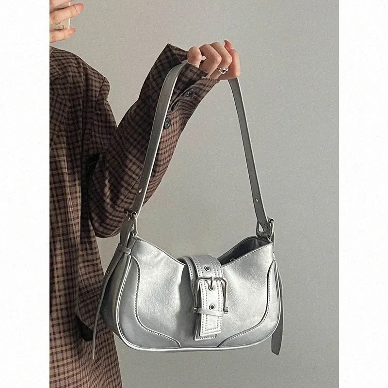 Sier PU Кожаные сумки для плеча для женщин -дизайнерские сумочки женский винтажный кошелек подмышеток, дамы элегантные слинг -мешок с поперечным телом 60ox#