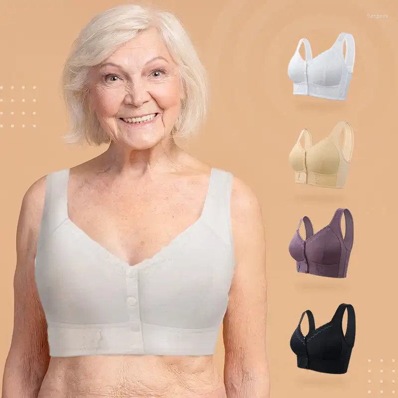 Bras Stretchy Front Closure Breathable Bra Underwear For Seniors Wireless Soft Cotton Thin Cup Middle-aged And Elderly