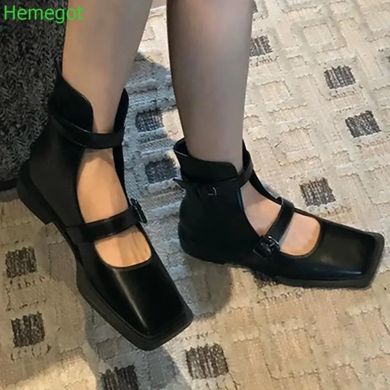 Casual Shoes Square Toe Hollow Roman Sandals Belt Buckle Cover Heel Mary Jane 2024 Summer Thick Black Fashion Short Boots