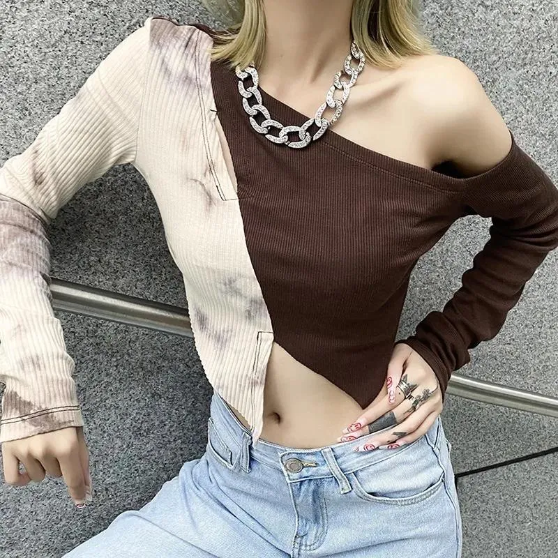 Camicie da donna autunno 2024 colori solidi dimagranti moda alla moda irregolare t-shirt a maniche lunghe collare diagonale