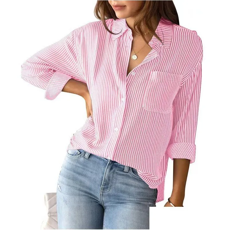 Dames blouses shirts shirt ontwerper cottona button-up gestreepte klassieke klassiek met lange mouwen kraag op kantoor werk met pocket los casual lange ot7wx