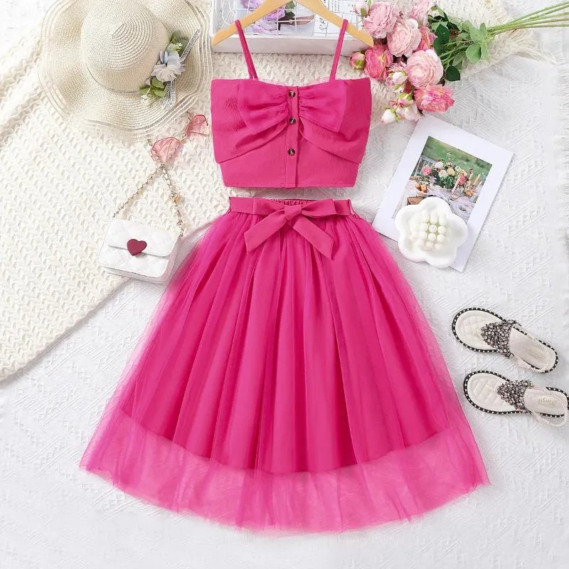 Ensembles de vêtements Foshan Children 2024 Summer Western Style suspendu Bow Bow Bref Tob Top Mesh Halp Jirt Girls 'Set