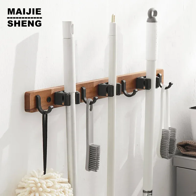 Racks Wood Wall Mount Mop Organizer Holder Broom Hook Storage Hook Kök Badrum Organisation Tillbehör för kök Garden Laundr