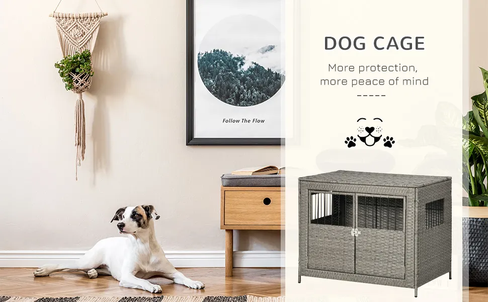 Picture of PawHut Rattan Dog Crate With Double Doors, Wicker Dog Cage With Soft ...