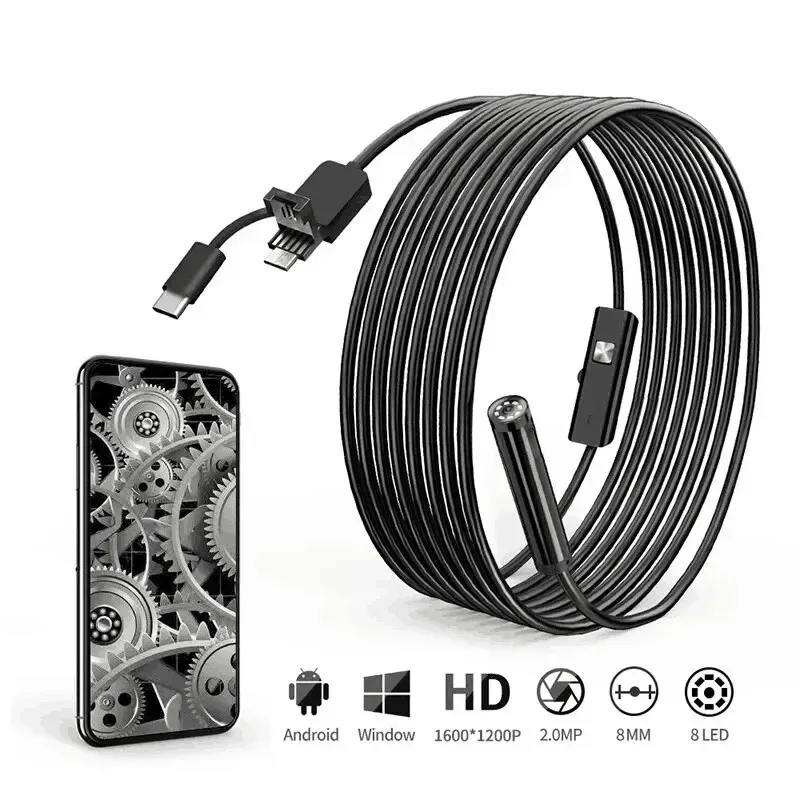 Caméras 8mm 1200p HD Endoscope Camera IP67 APPAREIL PARMIER DE BORESSOPE IP67 avec 8 LED pour les voitures Support Android USB Type C