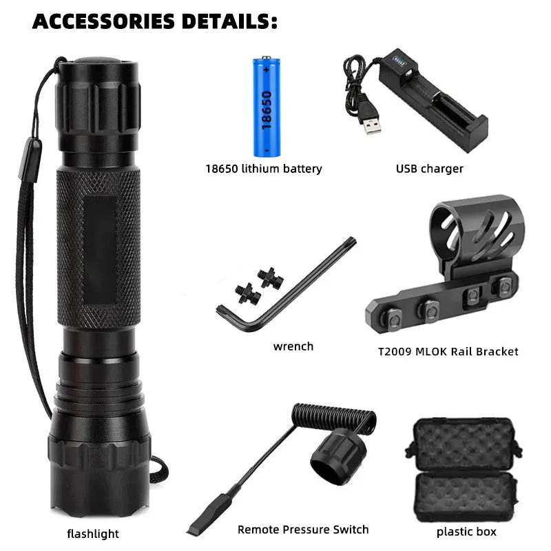 Scopes Lampe de poche tactique 1600 Lumens USB Torche rechargeable Torche étanche de chasse Clip léger de chasse Guide de tir