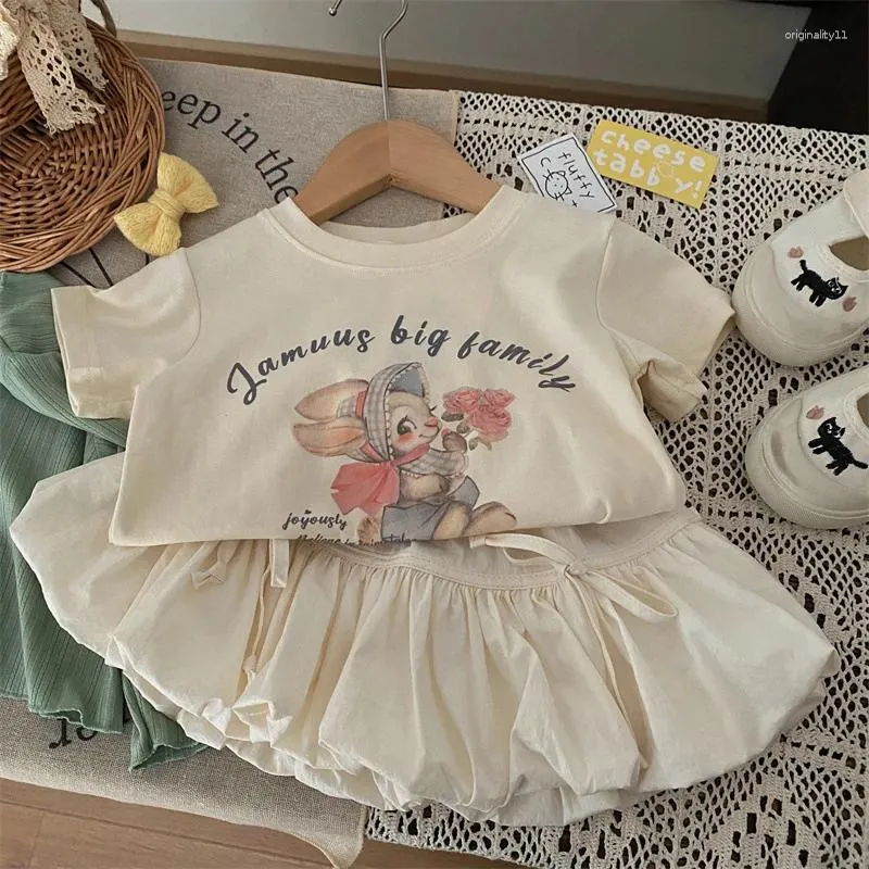 Kledingsets Kids Girls 2 stks schattige rok cartoon print pullover zacht t-shirt hoge taille a-line bubble 2-8y kinderen zomer