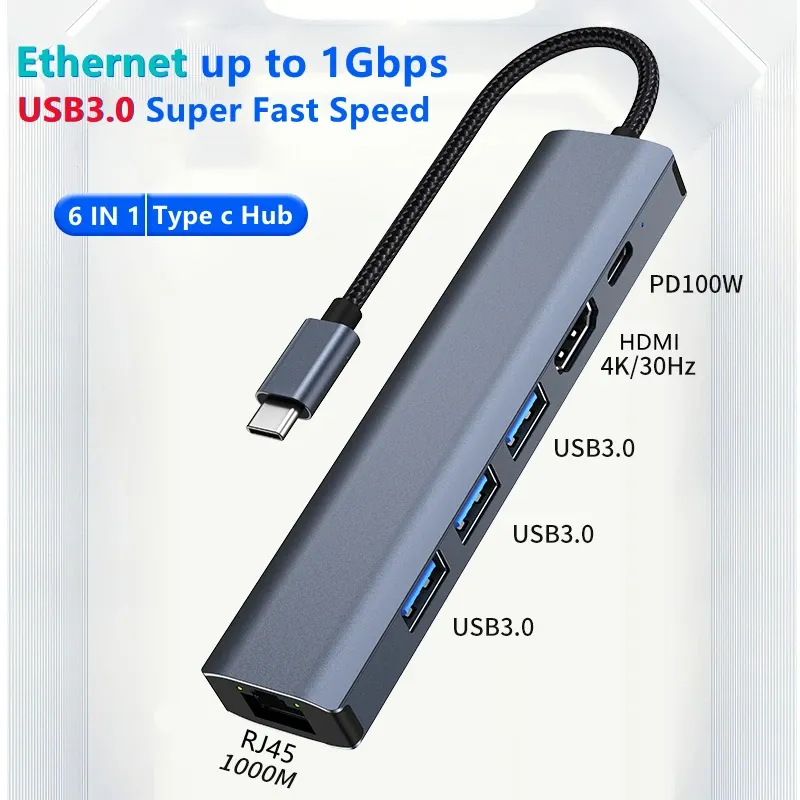 ハブ5/6 in 1 USB Cドッキングステーションギガビット1000mイーサネットUSB 3.0 HDMI 4K 100W PD Charge USBCハブアダプター用MacBookipad用