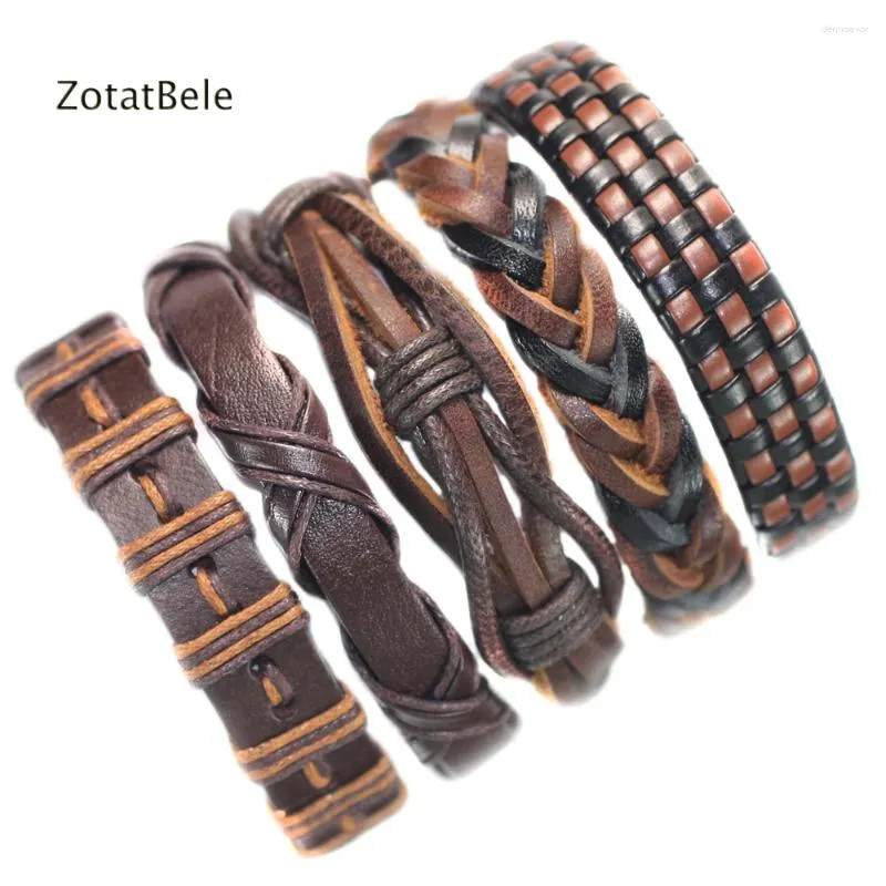 Charm Armbänder Großhandel 5pcs handgefertigtes braunes Leder Mehrschichtiger Braid Wrap Bangel Männliche Seilkette Männer Schmuck F65