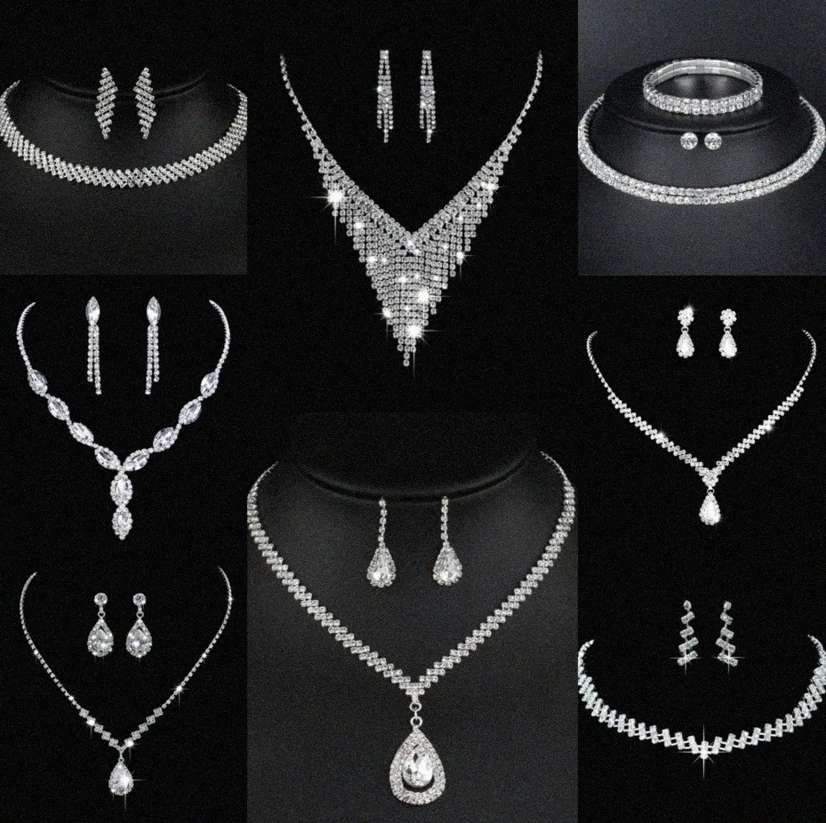 Värdefulla lab diamantsmycken Set Sterling Silver Wedding Halsbandörhängen för kvinnor Bridal Engagement Smyckesgåva N1W6#