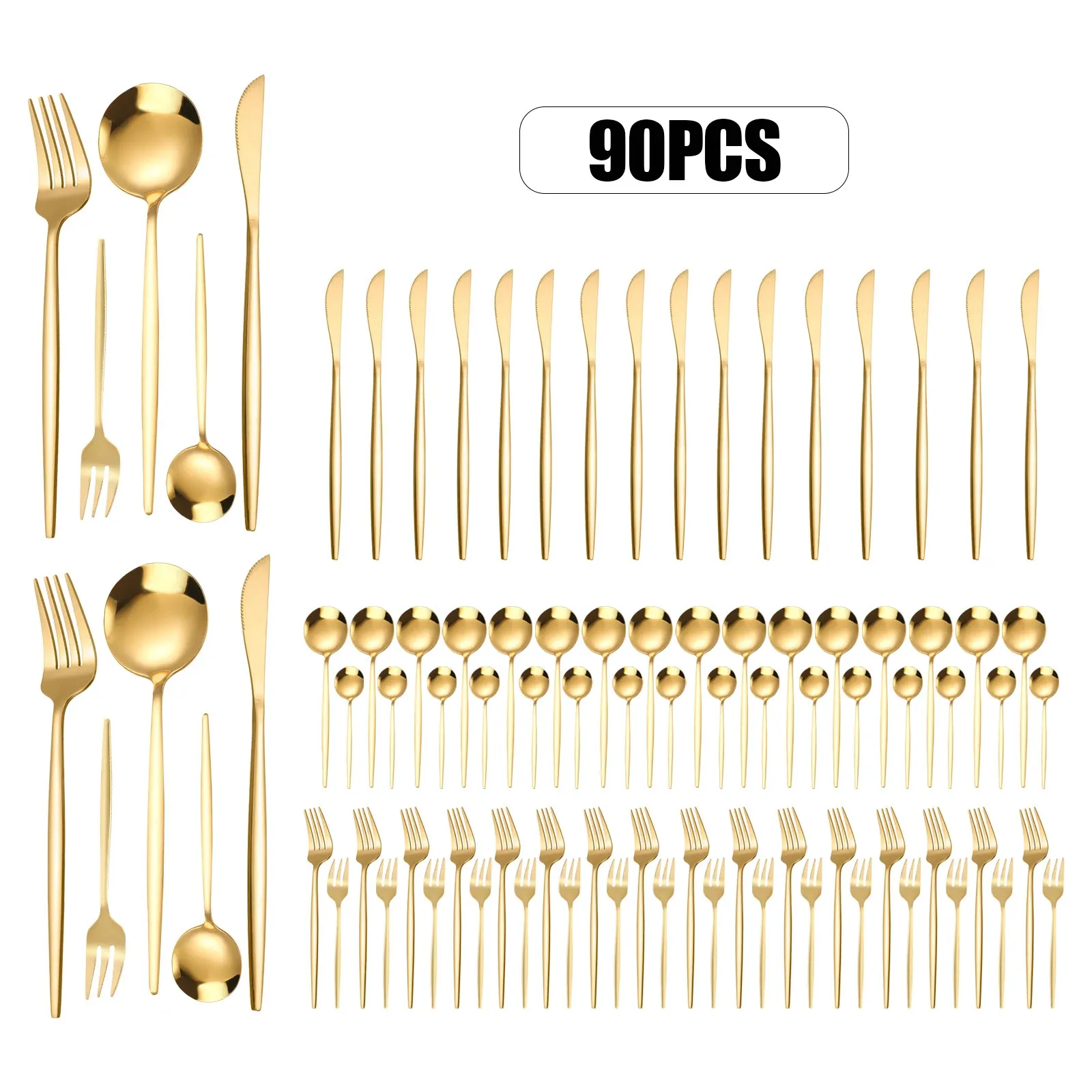 90-Piece Gold Plated Cutlery Set - Premium Stainless Steel Flatware ...