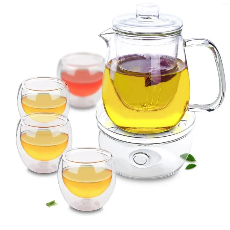 Teaware Set 1x Clear Tea Set -750 ml Värmebeständig glas Tekanna 4x 80 ml dubbla väggkoppar 1 x rundform varmare