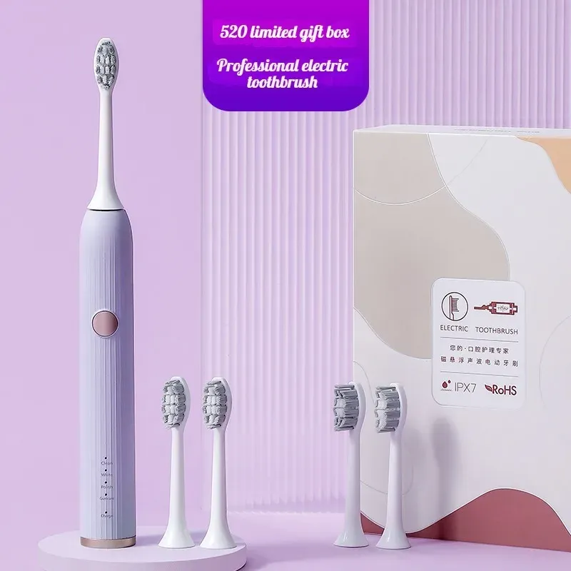 Heads Adult Sonic Electric Toothbrush with Wall Mounted Holder Soft Bristle Rechargeable Family Dental Vibrator Teeth Whitening Pink