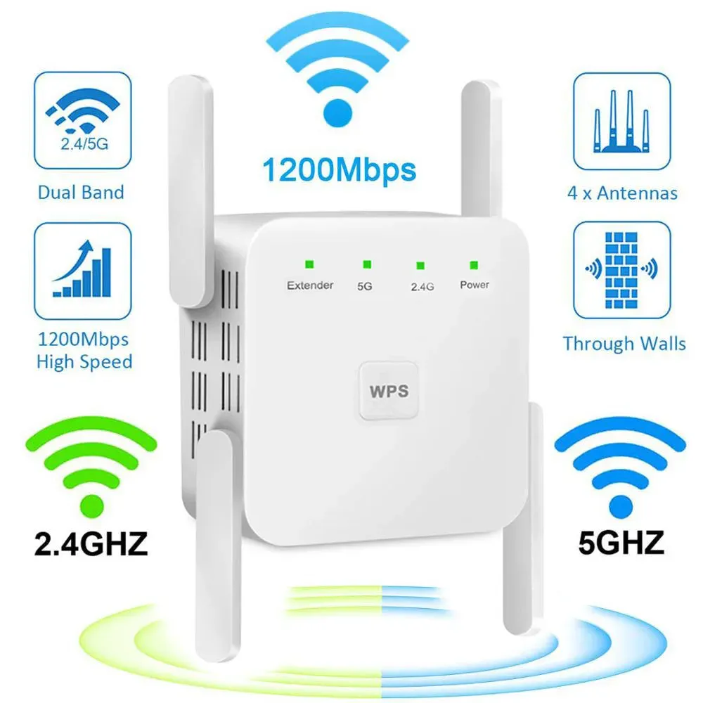 Roteadores 5G WiFi Range Repeater Exteter Wireless WiFi 802.11n Booster Amplificador 2.4g/5 GHz Signal Longo 1200/300mbps