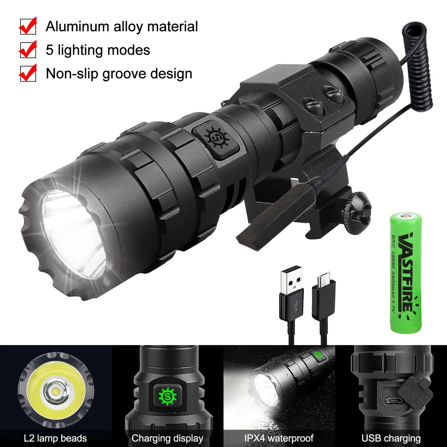 Scopes Super Bright Led Hunting Flashlight Powerful Tactical 10w L2 Weapon Gun Light 5 Modes+rifle Scope Mount+switch+18650+charger