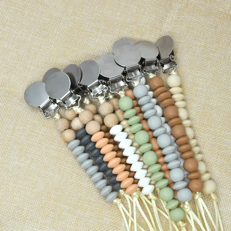 Wooden Silicone Beads Pacifier Clips with Metal Holder Teething Beaded Dummy Clip Pacifier Soother Chain for Infant Toddler