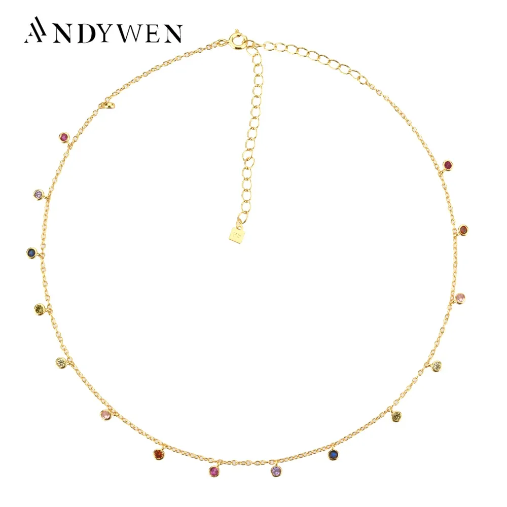 Colliers Andywen 925 Sterling Silver Gold Rainbow Zircon Charm Chain Chain Collier Rock Punk Party New Beads Pendant 2021 Bijoux fin